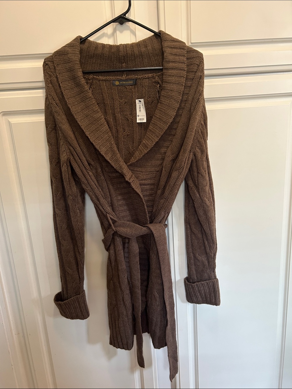 Outback Red Chocolate Brown Belted Shawl-Collar Cardigan